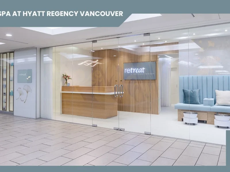 Branded spa storefront with promotional text and QR code overlay