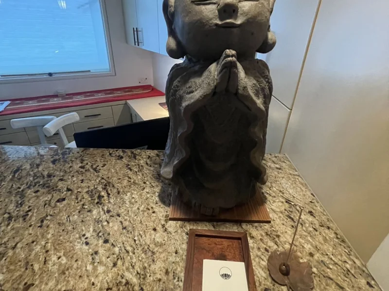 Reception counter with serene Buddha statue and minimalist spa decor