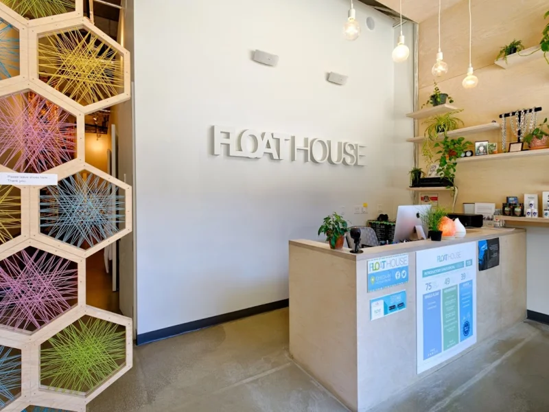 Bright Float House Vancouver reception with natural decor and welcoming front desk
