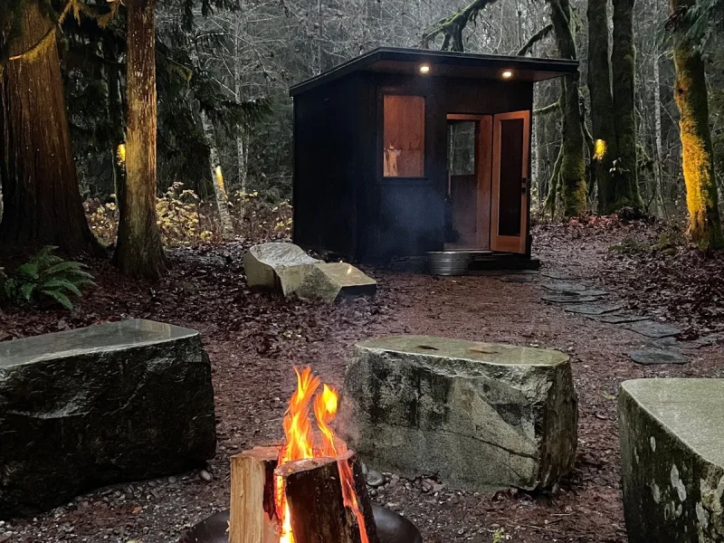 Outdoor fire pit seating beside a small spa cabin in a mossy forest