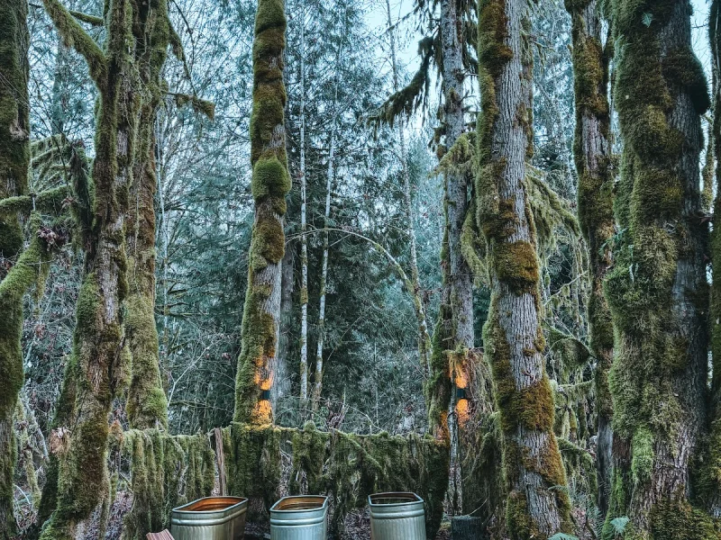 Outdoor soaking tubs nestled among moss-covered trees in a forest spa