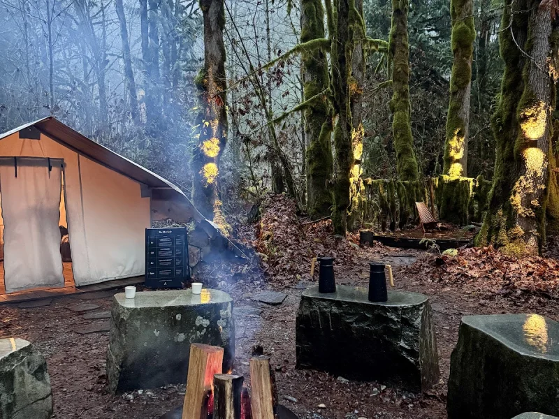 Forest spa camp with fire pit, stone seating, and rustic tented shelter