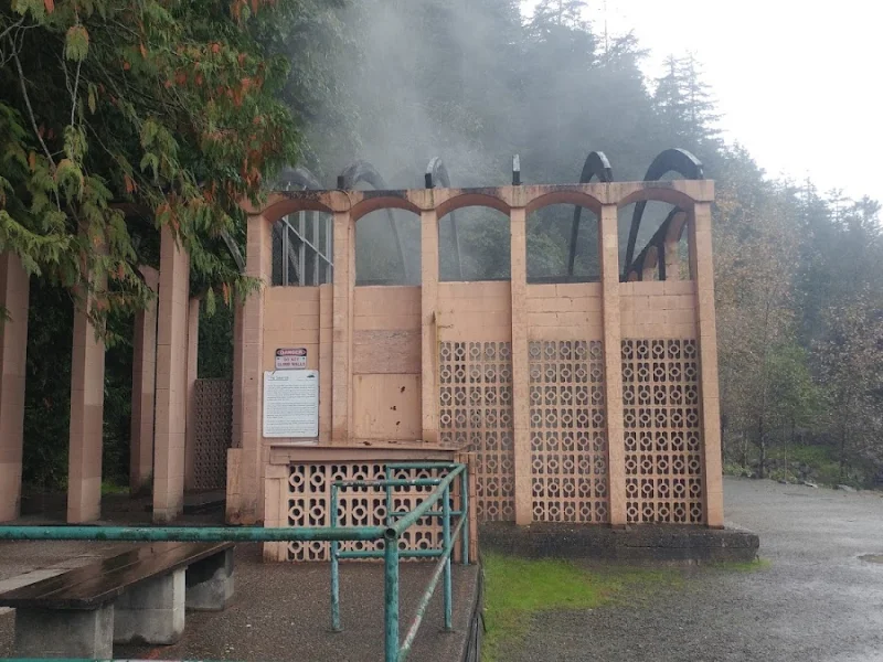 Historic steam-filled hot spring pavilion beside the lakeshore in Harrison Hot Springs