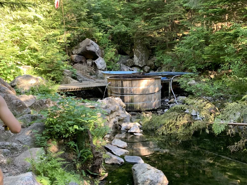 Secluded outdoor soaking area nestled in a lush BC forest