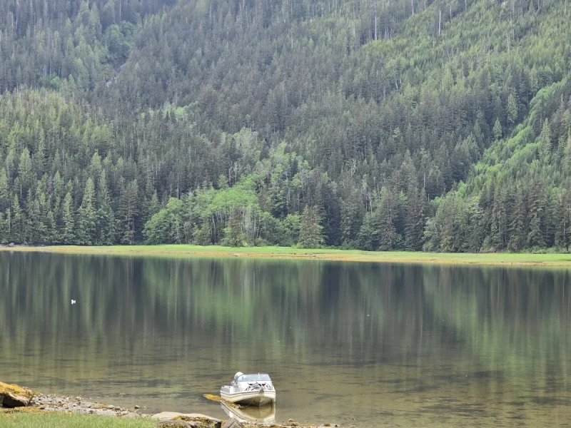 Quiet lakefront view with small docked boat and forested mountain reflection