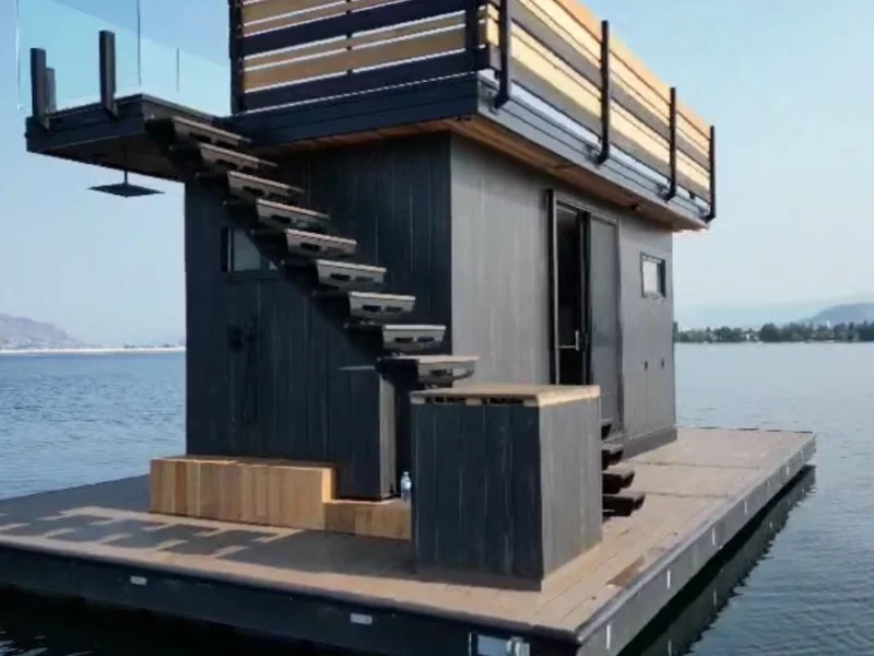 Close exterior view of floating sauna with stairs and rooftop lounge deck
