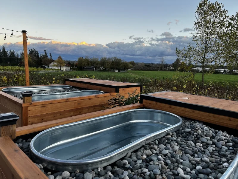 Outdoor cold plunge tubs overlooking fields and dramatic sky