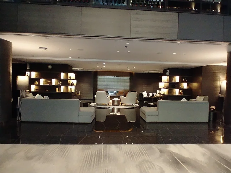 Dark, upscale relaxation lounge with sculptural shelving and soft seating